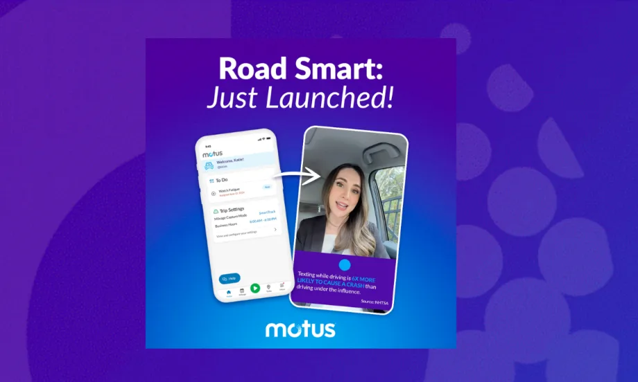 Blue graphic background with inset images of cell phone screens showing a woman and and app, with headline Road Smart: Just Launched.