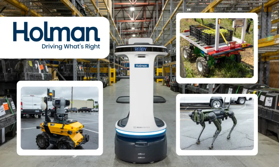 Background image of a robot in a warehouse with three inset images of other robots and a logo for Holman.