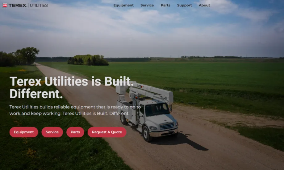 Screenshot of Terex Utilities website featuring a photo of a bucket truck driving down a road.