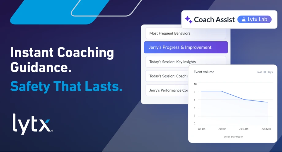 Graphic image with Lytx logo, blue colors, and headline test Instant Coaching Guidance. Safety That Lasts.