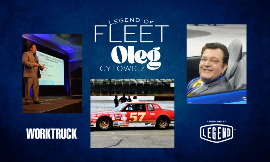 Legend of Fleet Oleg Cytowicz with photos of him on stage, in a car, and a race car.
