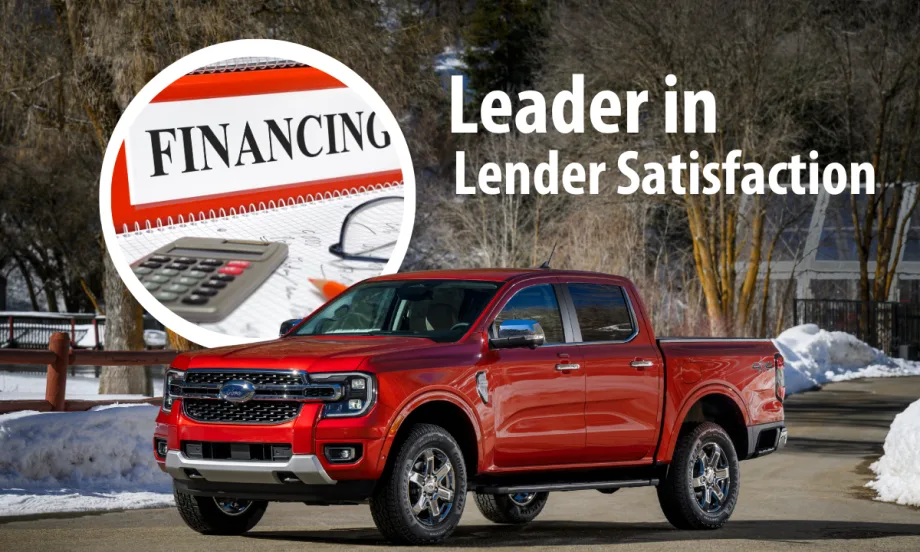 Red pickup truck with inset round photo illustrating financing and a calculator, headline Leader in Lender Satisfaction.