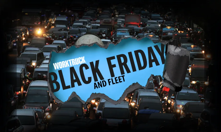 Work Truck Black Friday and Fleets on ripped paper over congested holiday traffic.