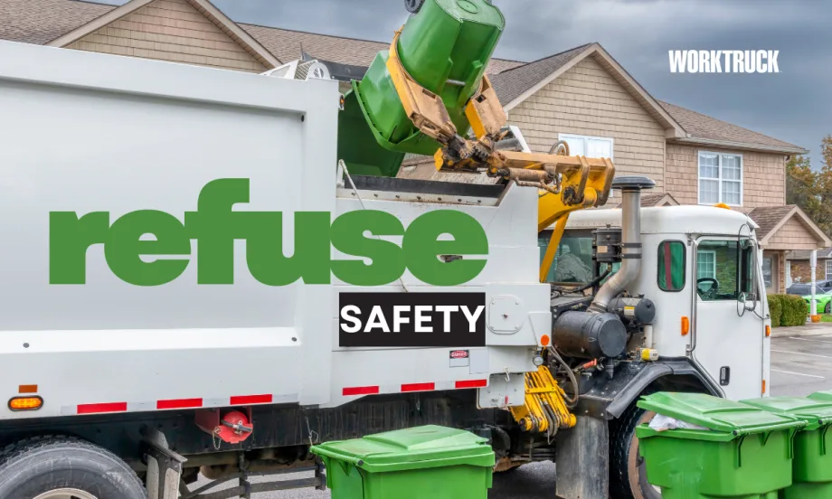 Refuse truck collecting bins in a neighborhood, highlighting operator safety and modern camera, radar, and braking technology designed to protect drivers, pedestrians, and cyclists.