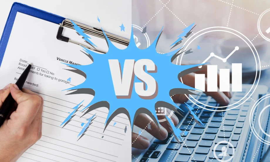 Split image showing a handwritten vehicle maintenance form on one side and a laptop with data charts on the other, highlighting the difference between paper work orders and digital fleet management.