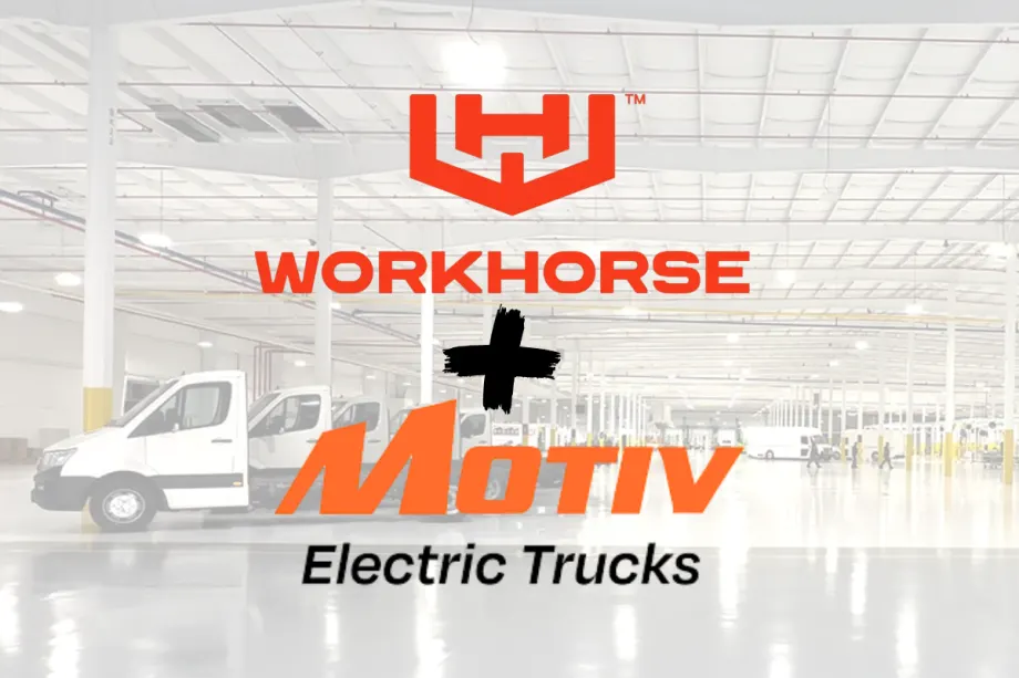 Workhorse and Motiv Electric Trucks logos displayed over a medium-duty truck production facility, representing the companies’ proposed merger.