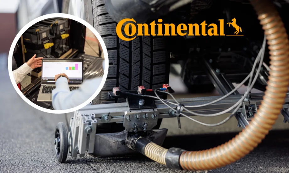Photo of a vacuum device behind a car tire with inset logo for Continental and a round photo of two people looking at analytics chart.