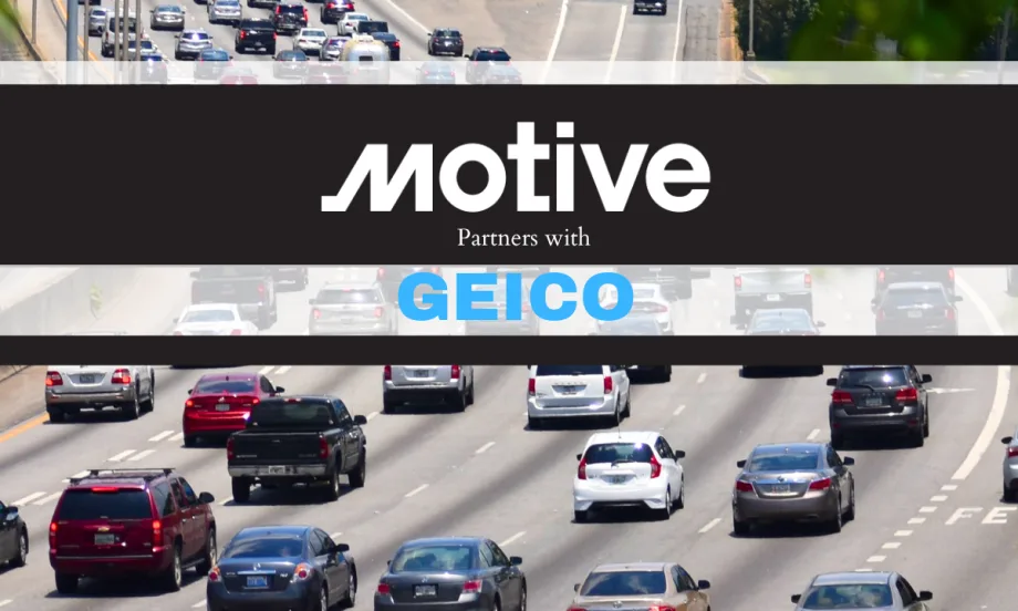 background image of highway traffic with black strip across middle and white logo for Motive with words Partners With and blue text GEICO.