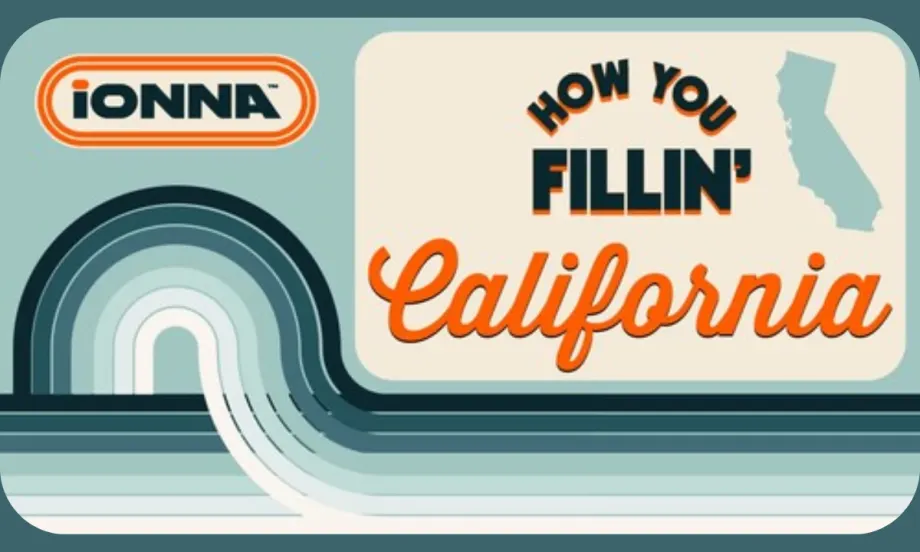 Retro-style graphic featuring the IONNA logo and the phrase “How You Fillin’ California,” symbolizing IONNA’s expansion of EV charging locations across California.