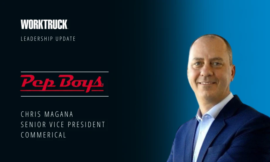 Portrait of Chris Magana next to the Pep Boys and Work Truck logos, announcing his new role as senior vice president of commercial in a leadership update graphic.