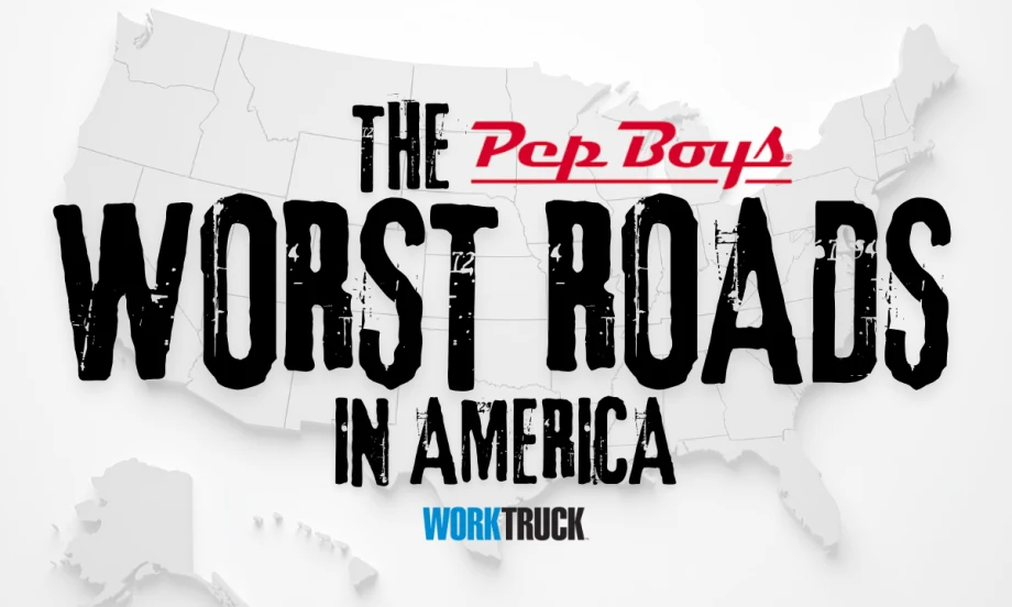 Graphic showing a U.S. map with the title “The Pep Boys Worst Roads in America” and the Work Truck logo.