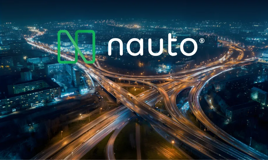 Background aerial photo of traffic on a highway in a city and inset logo for Nauto.