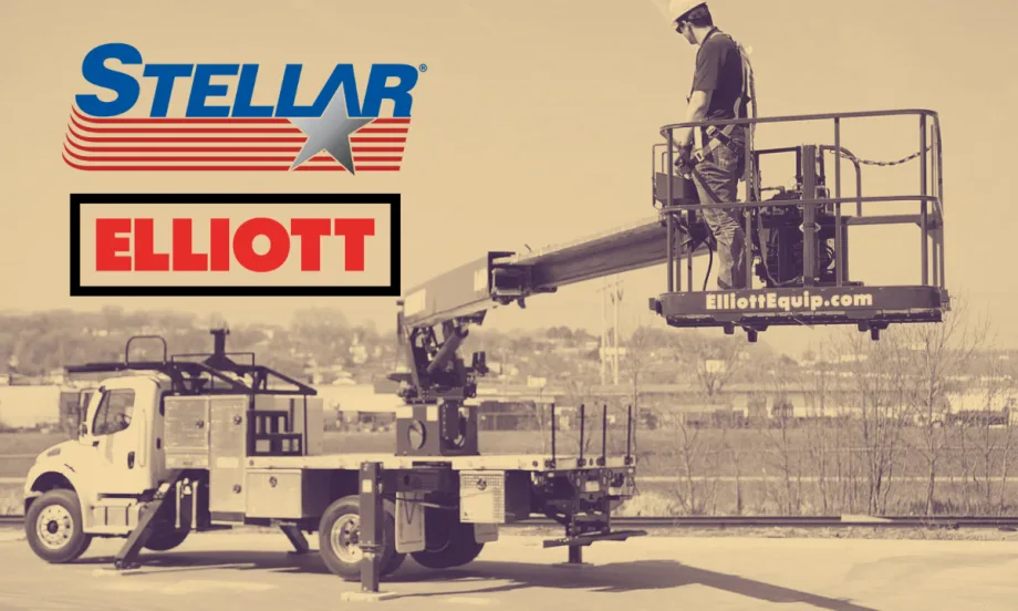 Sepia background photo of a man working on an aerial platform truck and inset logos for Stellar and Elliott.