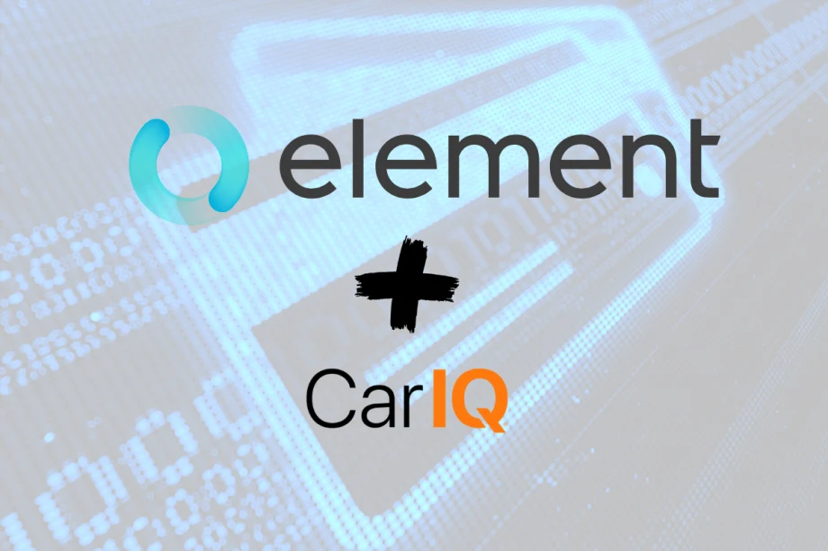 Element and Car IQ logos shown together, representing Element’s planned acquisition of Car IQ and the integration of vehicle-initiated payments into connected fleet operations.