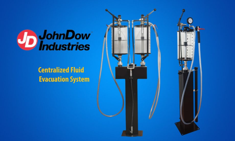 Blue background with image of oil evacuation pumps, inset logo for JohnDow Industries and yellow headline Centralized Fluid Evacuation System.