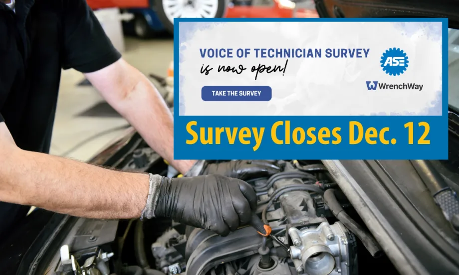 Background image of a mechanic working on car engine and inset logos and wording about a technician survey and the closing date of Dec. 12.