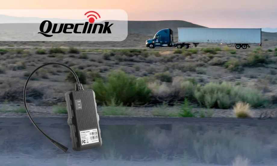 Tractor trailer driving across a desert highway from right to left and inset image of a satellite tracking device and company logo for Queclink.