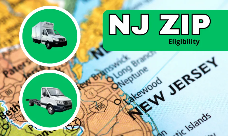 Background image of New Jersey map and inset round photos of two battery electric trucks with white headline NJ ZIP and small text Eligibility.