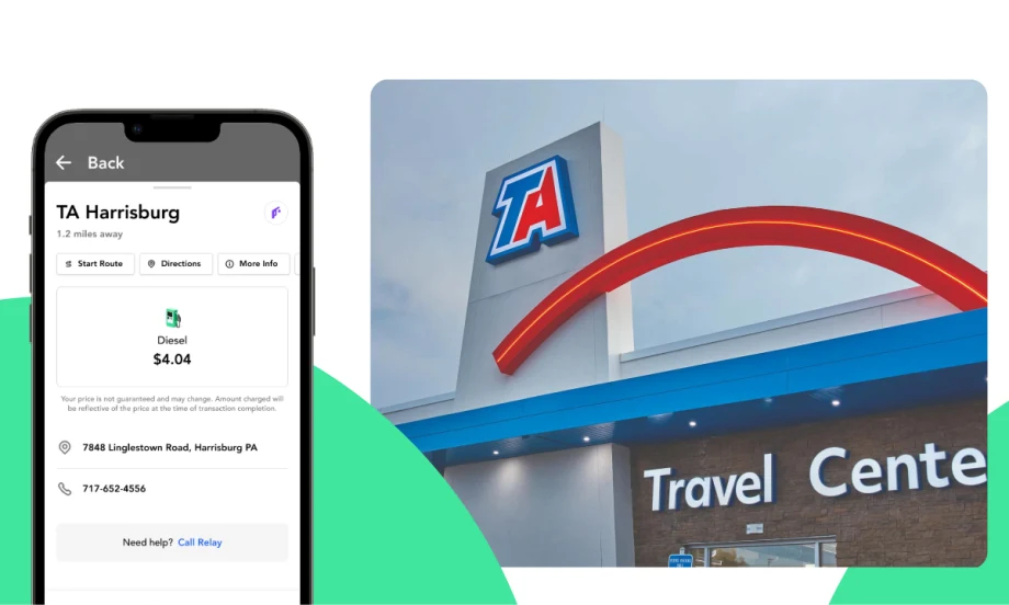 Inset photo to right of a TA Travel Center and inset photo on left of a phone screen with fuel payment app.