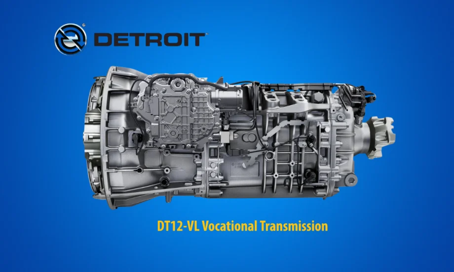 Heavy-duty truck transmission against a blue background with logo for Detroit and yellow text that says DT12-VL vocational transmission.