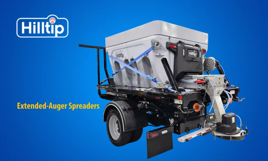 Truck or trailer mounted spreader for treating winter roads set against a blue background and logo for Hilltip.