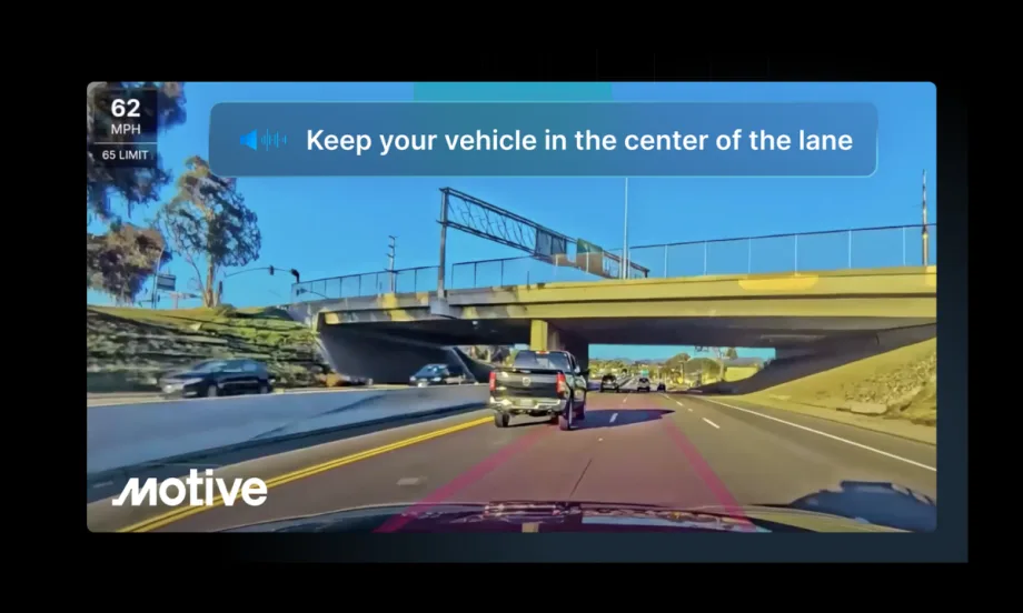 Dashcam view forward looking with a red box and alert that the driver is swerving.