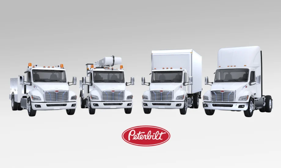 Four white battery electric trucks of varied sizes parked facing the camera against a gray gradient background with red oval Peterbilt logo bottom middle.