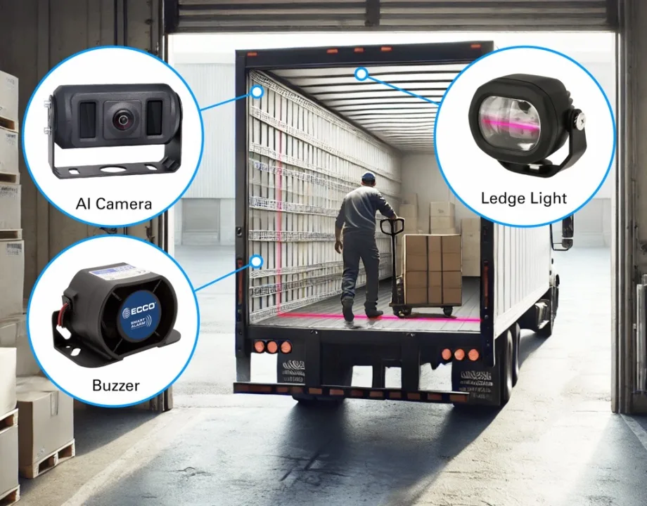 Image of man unloading cargo in back of box truck, inset images of three different cameras and sensors.