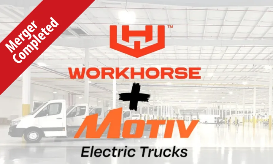 faint background image of electric truck chassis with company logos for Workhorse + Motiv Electric Trucks and a red banner with headline that reads Merger Completed.