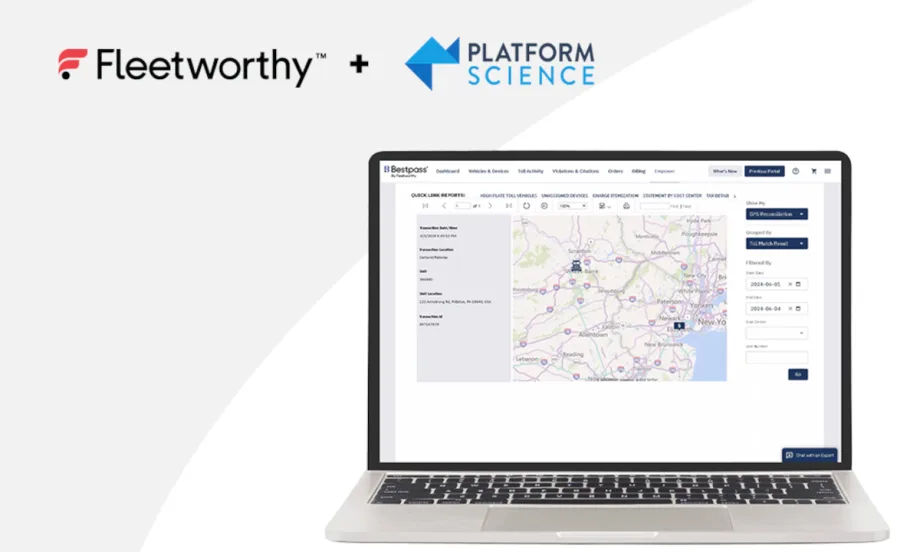 Laptop screen showing a map and additional images of logos for Fleetworthy and Platform Science.
