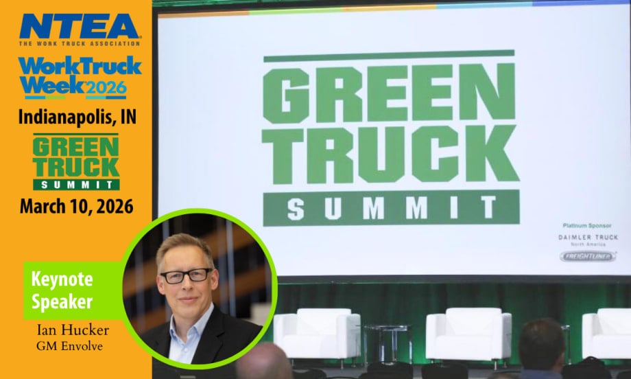 Image of Green Truck Summit on a projection screen on a stage, inset photo of man in circle who will be the keynote speaker.
