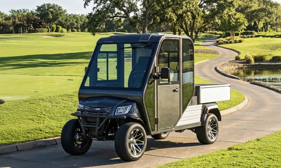 Massimo MVR HVAC electric utility vehicle with an enclosed cab and rear cargo bed driving on a paved path in a landscaped outdoor setting.