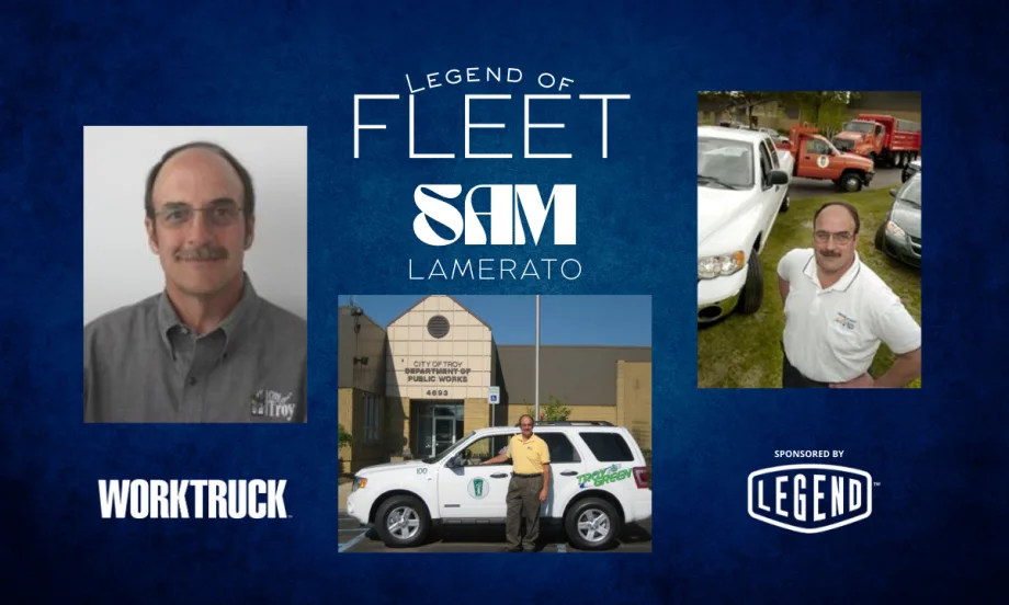 Collage featuring Sam Lamerato at different points in his public fleet career, including portraits and images with City of Troy public works vehicles, honoring his legacy in fleet leadership.