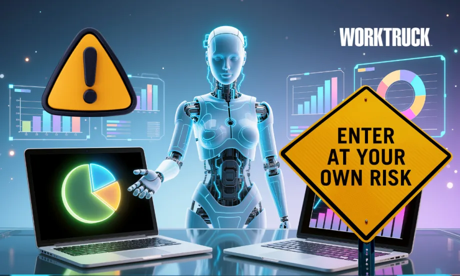 Illustration showing an AI figure surrounded by dashboards, warning symbols, and a road sign reading “enter at your own risk,” representing the risks fleets face when adopting AI without oversight.