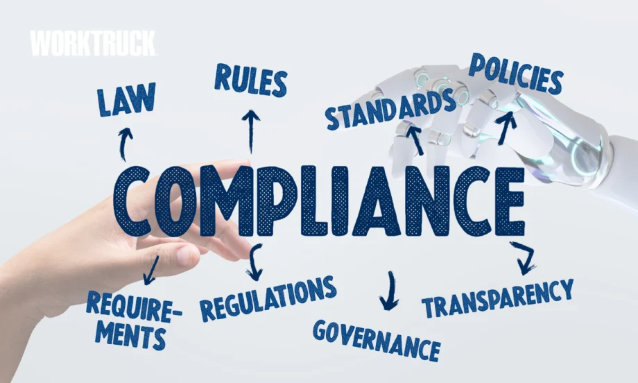 Illustration showing AI and human hands pointing to compliance elements including laws, rules, policies, regulations, transparency, and governance, representing how fleets use AI to manage compliance