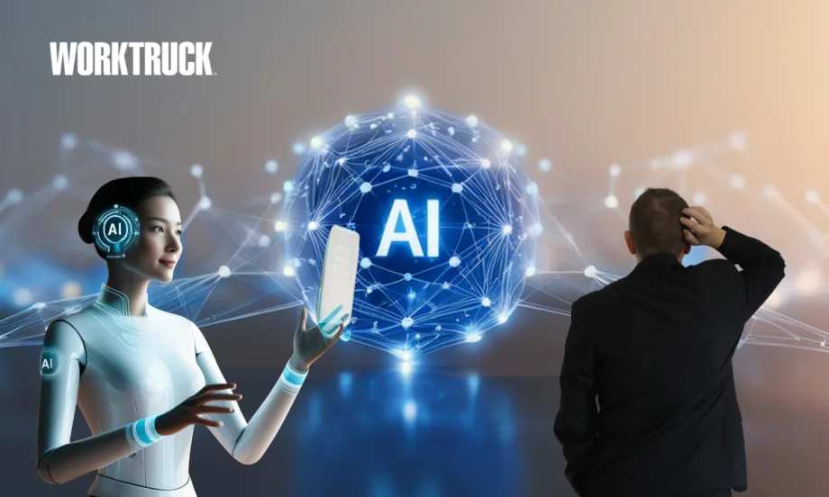 Illustration showing a human and an AI figure facing a connected digital AI network, representing how fleets balance automation and human oversight when using AI for compliance and audits.