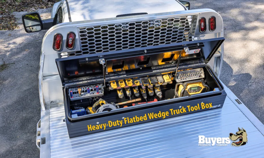 Overhead view of a tool box on a flatbed truck, with logo for Buyers Products.
