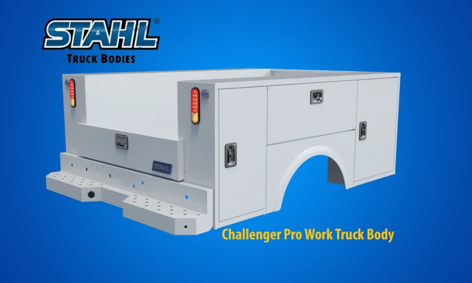 White service truck body against a blue background an a logo for Stahl.