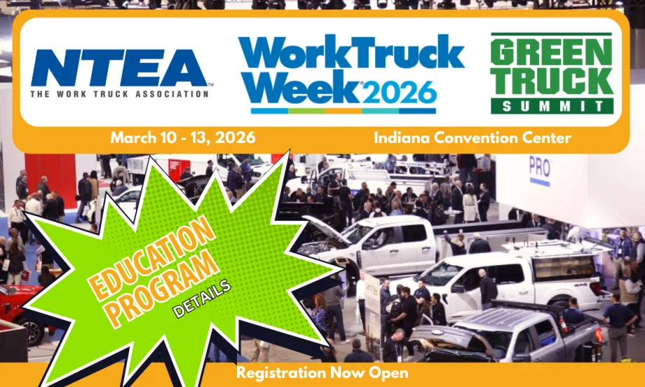 Background image of trade show with inset top logos for NTEA, Green Truck Summit, and Work Truck Week. Green starburst with headline for Education Program.