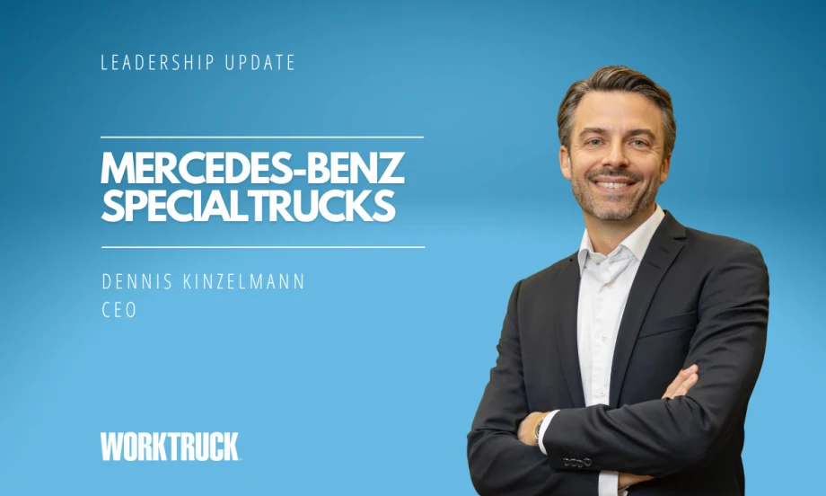 Blue background with inset photo of man in business attire and headline for Leadership Update, Mercedes-Benz Special Trucks, and the man's name.