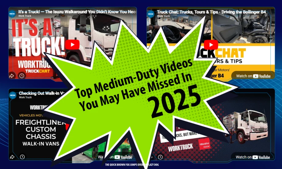 Four video thumbnails against a blue background with bright green starburst with inset headline Top Medium-Duty Videos You May Have Missed In 2025.