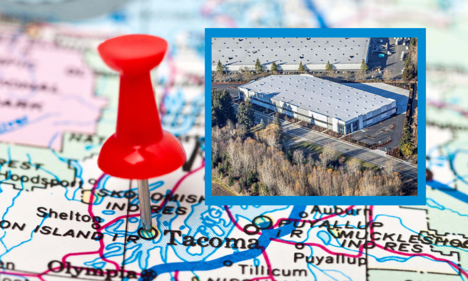 Closeup image of map showing Tacoma, Washington, marked with a red pushpin and an inset image of a large industrial building.