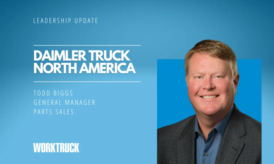 Man in business attire in front of a blue background and white headlines that say Leadership Update, Daimler Truck North America, and the man's name and title.
