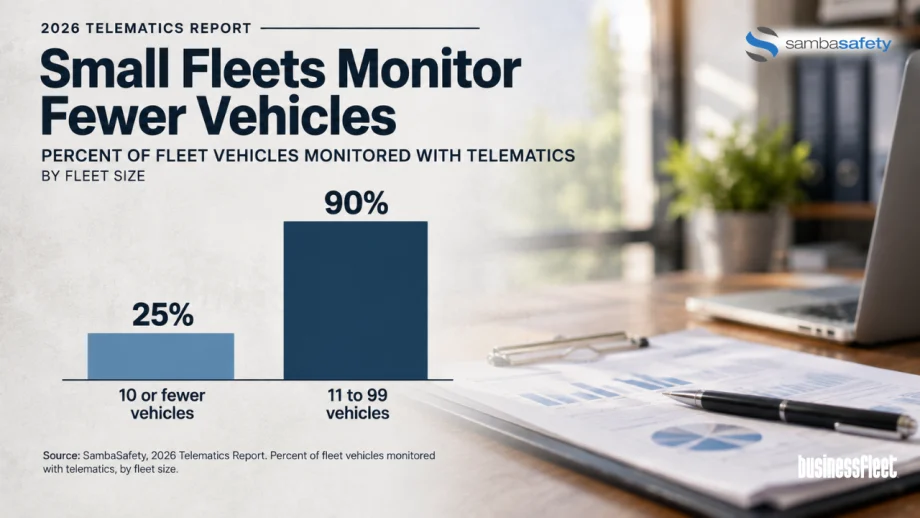 Bar chart showing fleets with 10 or fewer vehicles monitor 25% of their vehicles with telematics, compared with 90% for fleets with 11 to 99 vehicles.