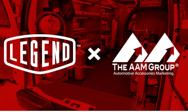 Red tinted background image of a man working inside a cargo van with inserted logo images for Legend and The AAM Group.