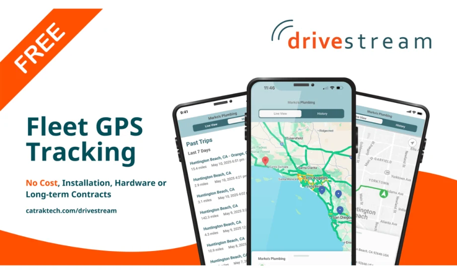 White background with three images of maps and apps on phone screens, headline Fleet GPS Tracking, and logo for Drivestream.
