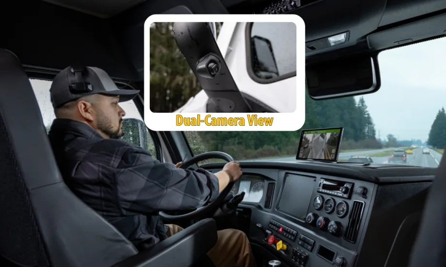 Background photo of a truck driver inside cab view, inset image of camera mounted on the mirror.