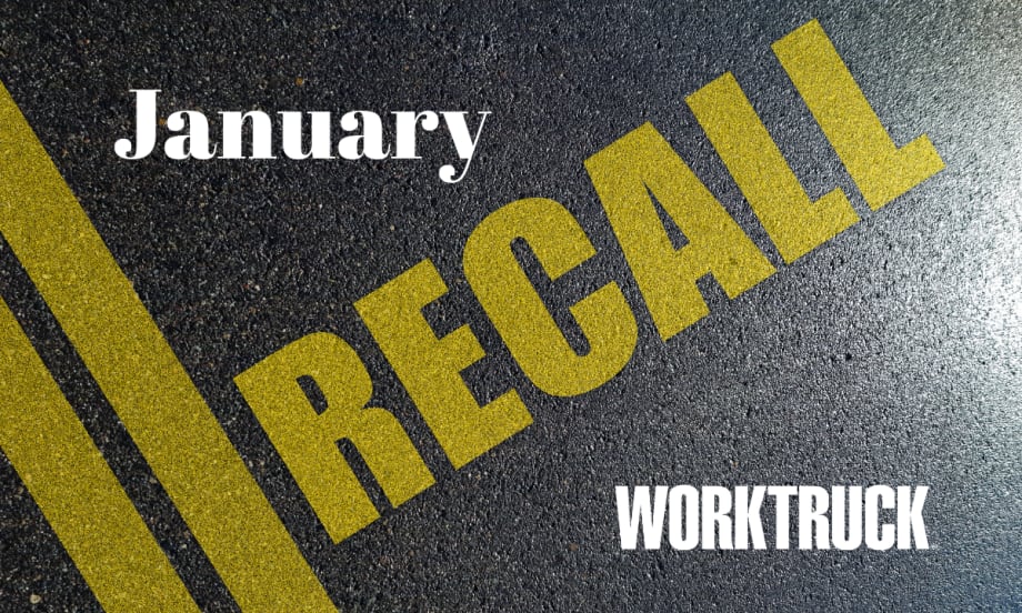 Pavement background with double yellow lines and large text that says Recall, January, and Work Truck logo.