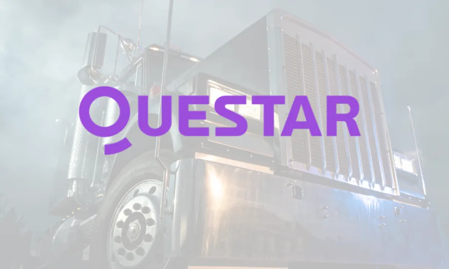 Light background image of a tractor trailer truck with inset logo for Questar.