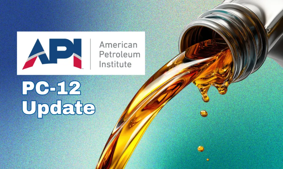 Blue green background with closeup of oil pouring from bottle, logo for the American Petroleum Institute, and headline PD-12-Update.